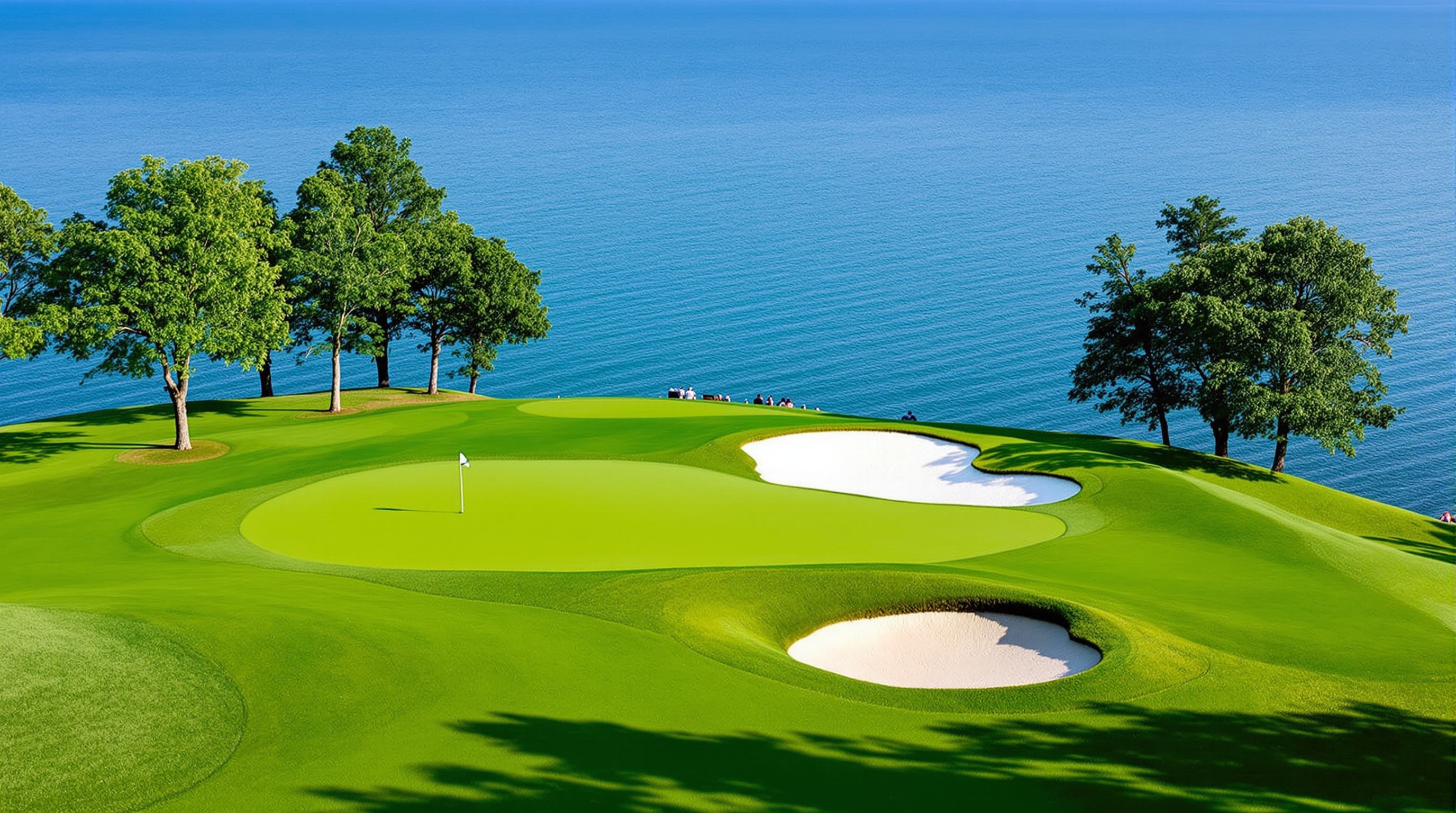 Elevated lakeside par-3 green guarded by free-form bunkers at Sawmill Creek
