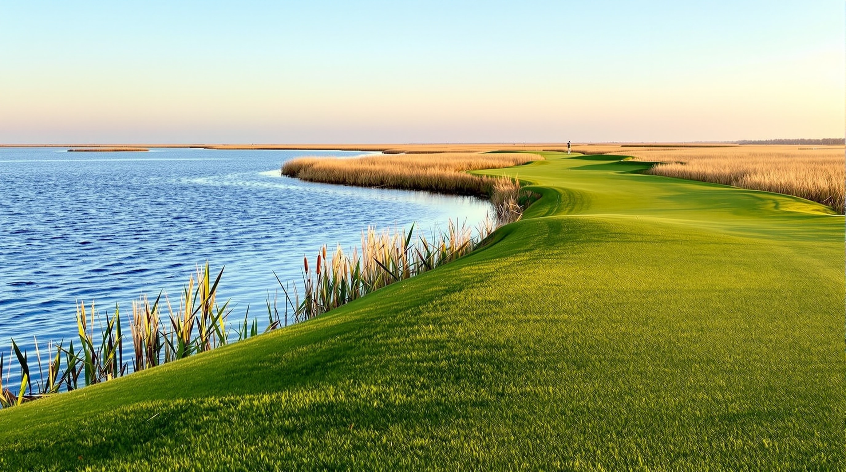 A fairway on the Lake Nine running beside marsh and Lake Erie